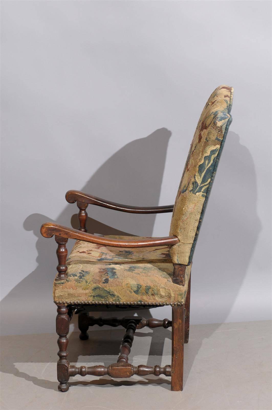 18th Century French Louis XIII Style Walnut Fauteuil in Tapestry Upholstery In Excellent Condition In Atlanta, GA