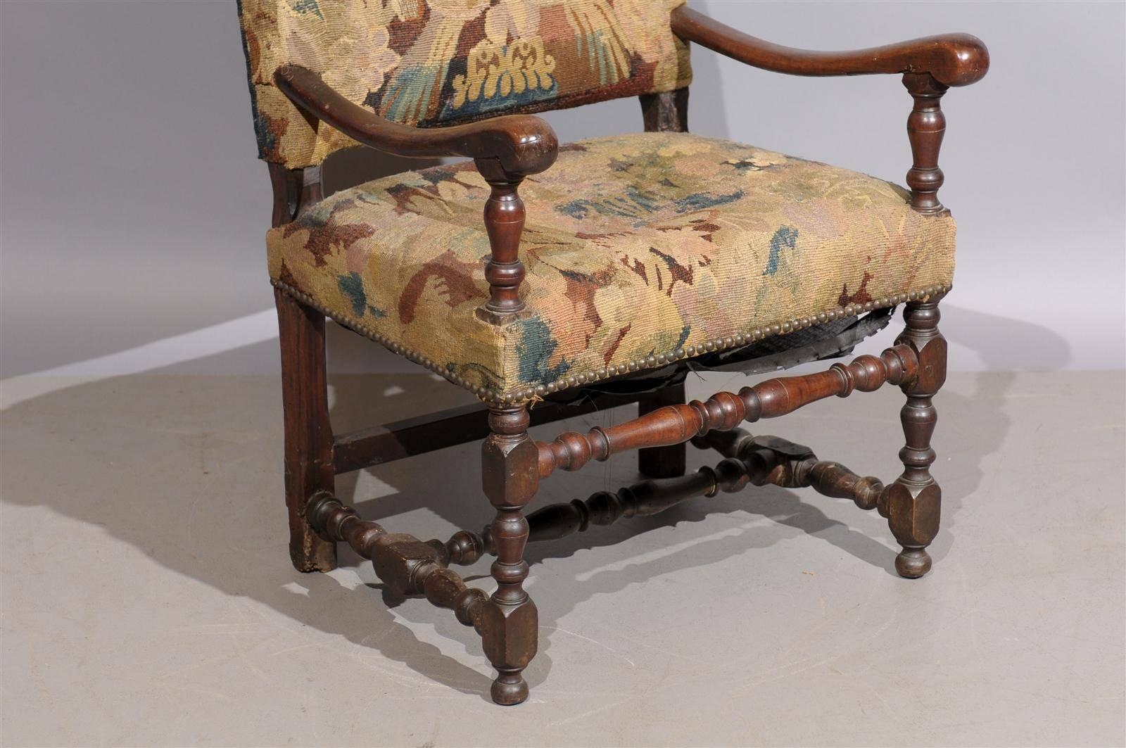 18th Century and Earlier 18th Century French Louis XIII Style Walnut Fauteuil in Tapestry Upholstery