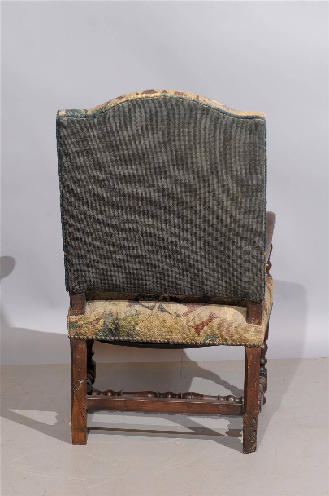 18th Century French Louis XIII Style Walnut Fauteuil in Tapestry Upholstery 4
