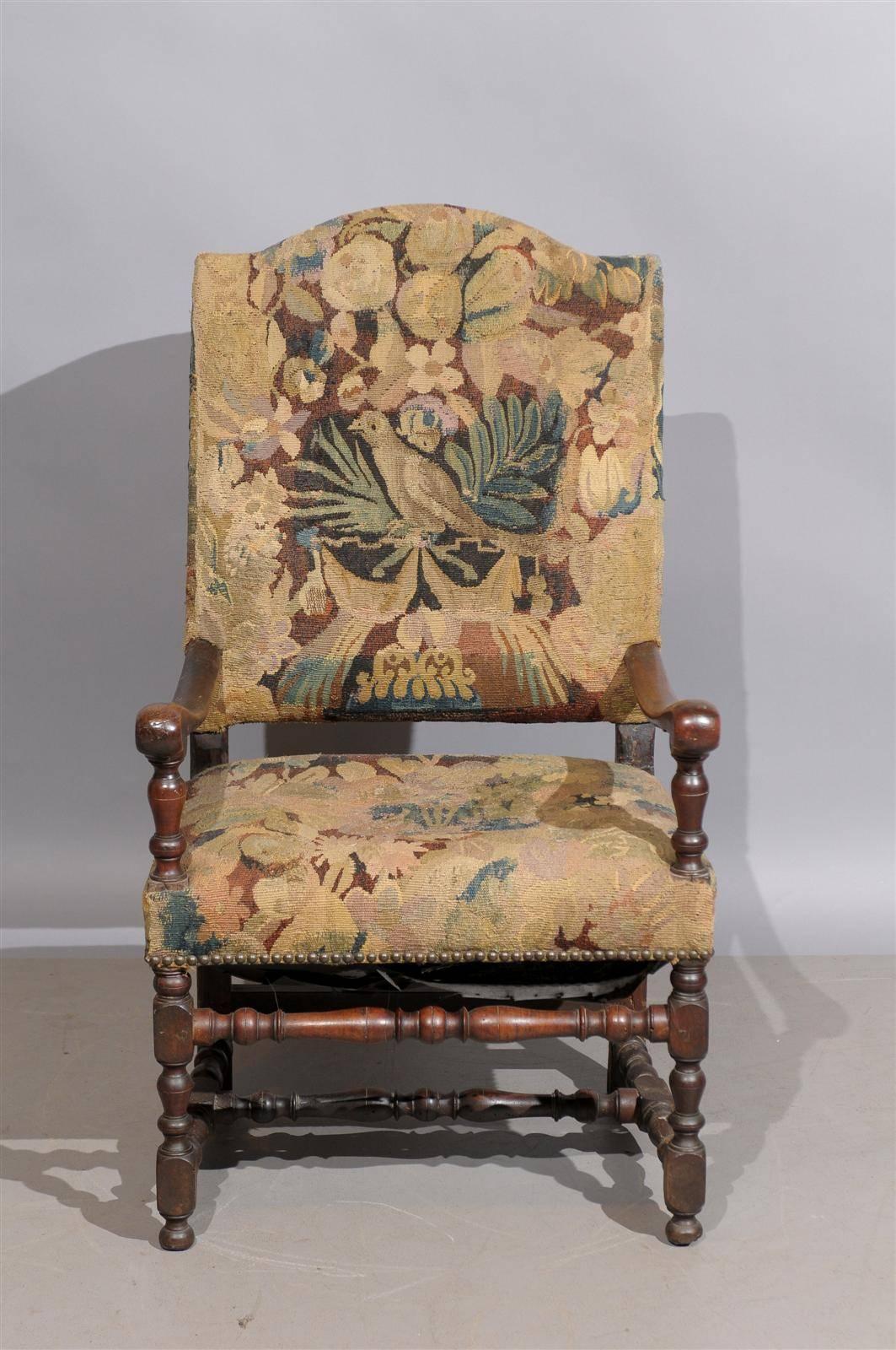 18th Century French Louis XIII Style Walnut Fauteuil in Tapestry Upholstery 3