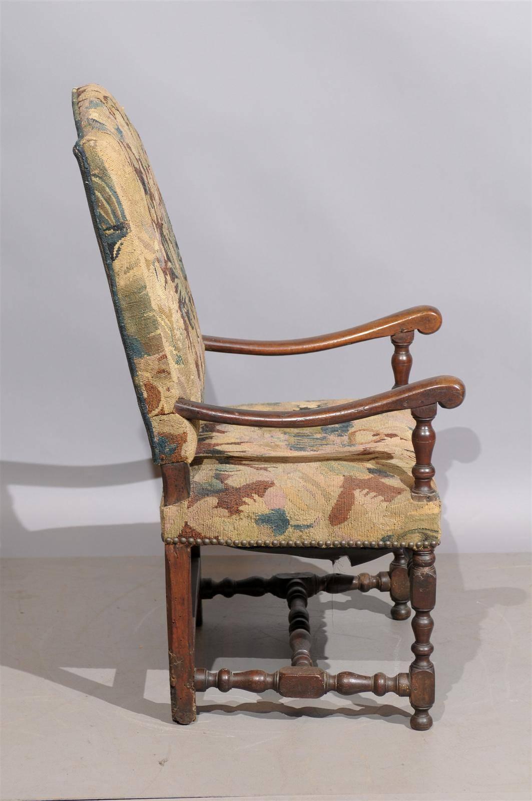 18th Century French Louis XIII Style Walnut Fauteuil in Tapestry Upholstery 1