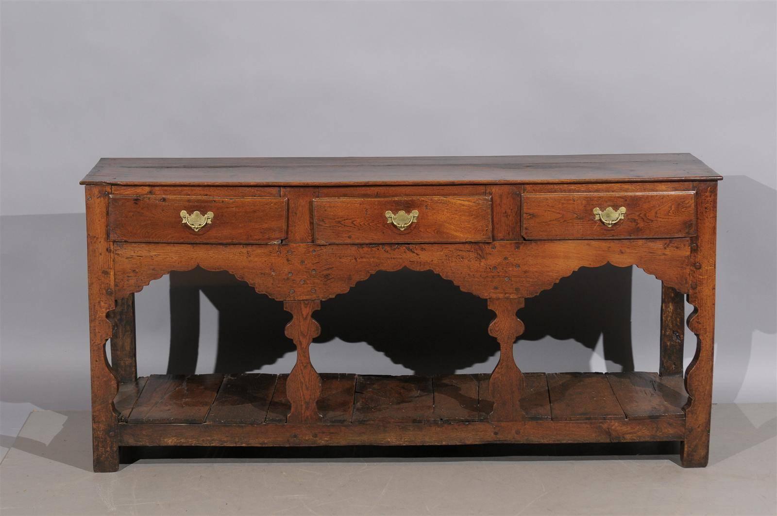 19th Century English Oak Dresser Base/Server with Three Drawers and Plinth Base 2