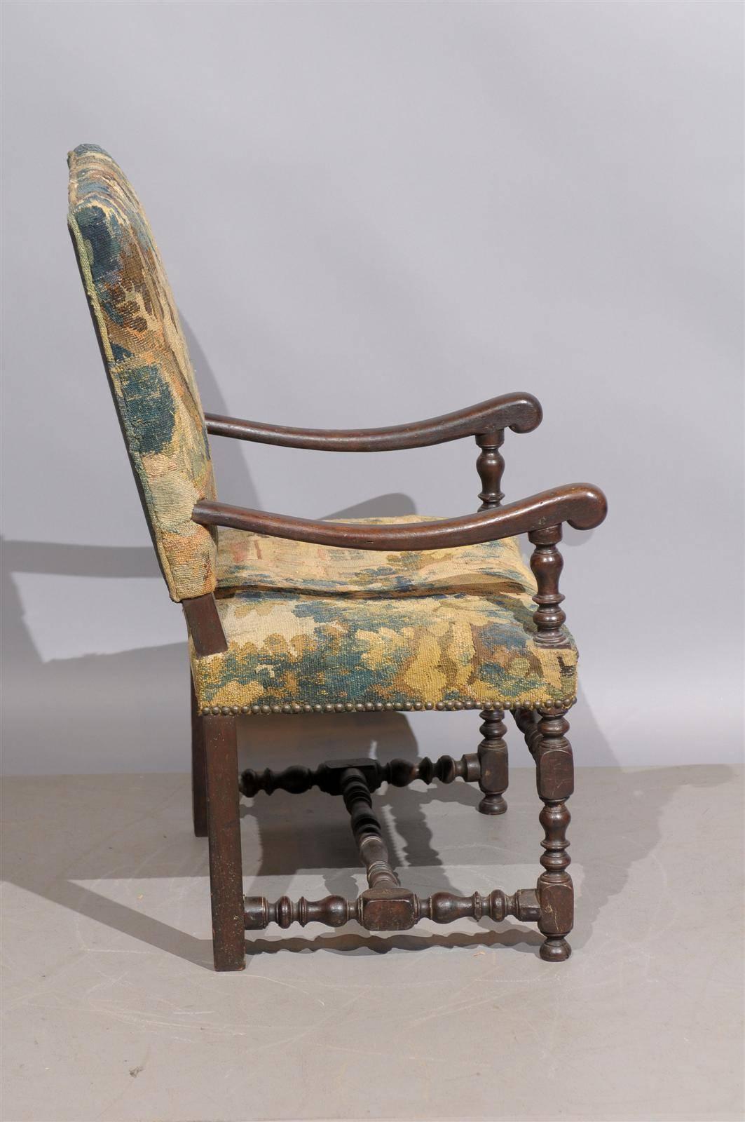 18th Century French Louis XIII Style Walnut Fauteuil with Tapestry Upholstery In Excellent Condition In Atlanta, GA