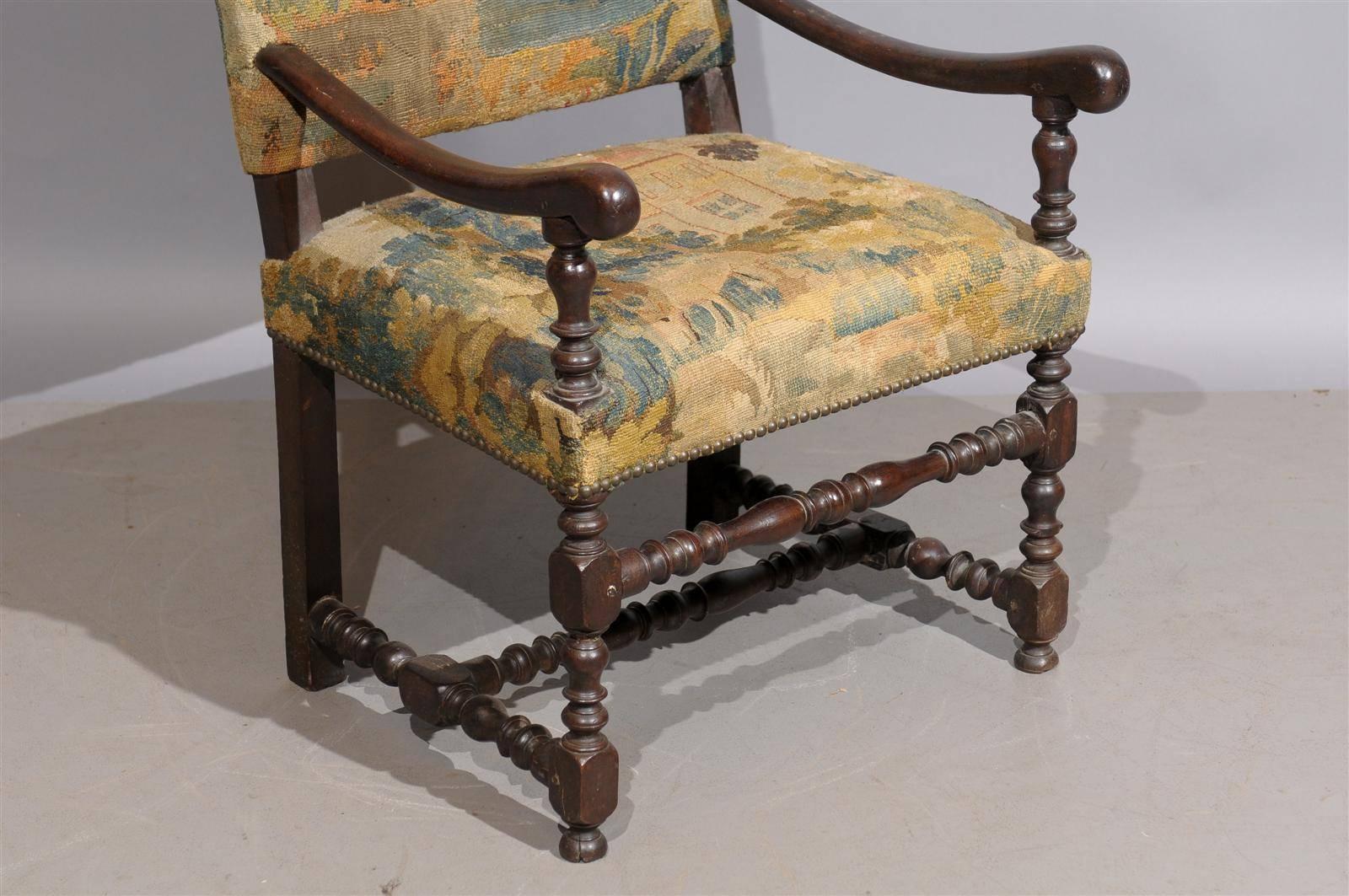 18th Century French Louis XIII Style Walnut Fauteuil with Tapestry Upholstery 3