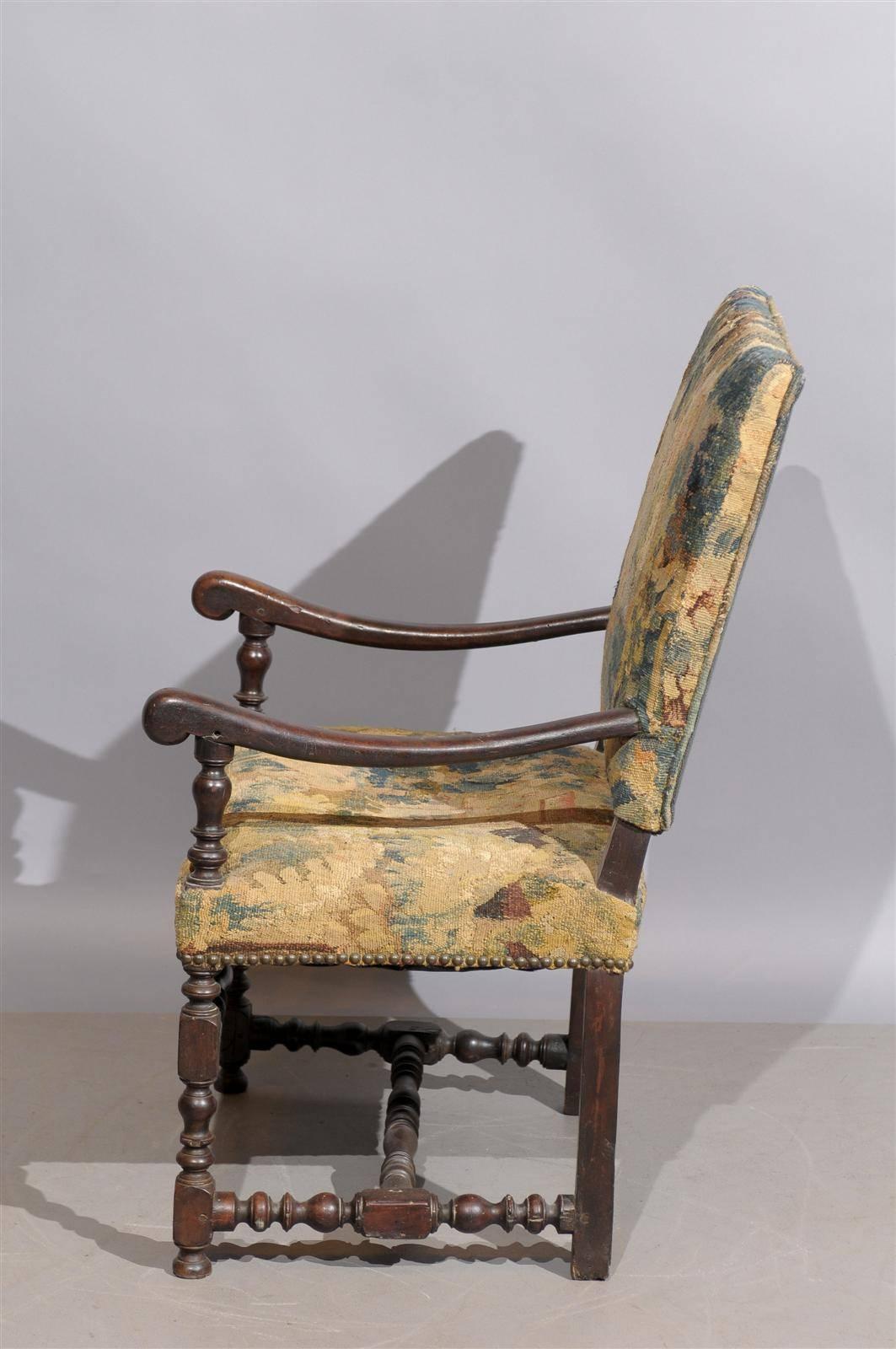 18th Century French Louis XIII Style Walnut Fauteuil with Tapestry Upholstery 2