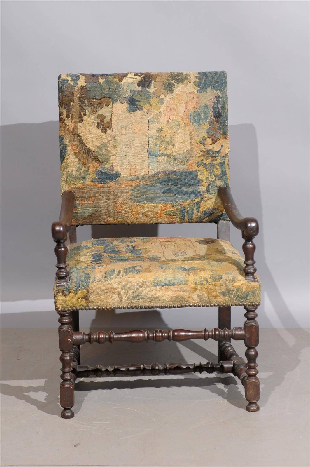 18th Century and Earlier 18th Century French Louis XIII Style Walnut Fauteuil with Tapestry Upholstery