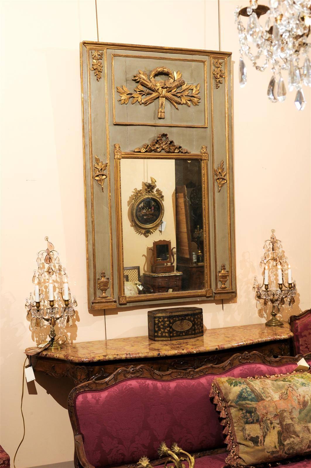 French Louis XVI Period Painted & Parcel-Gilt Trumeau Mirror with Neoclassical Carvings