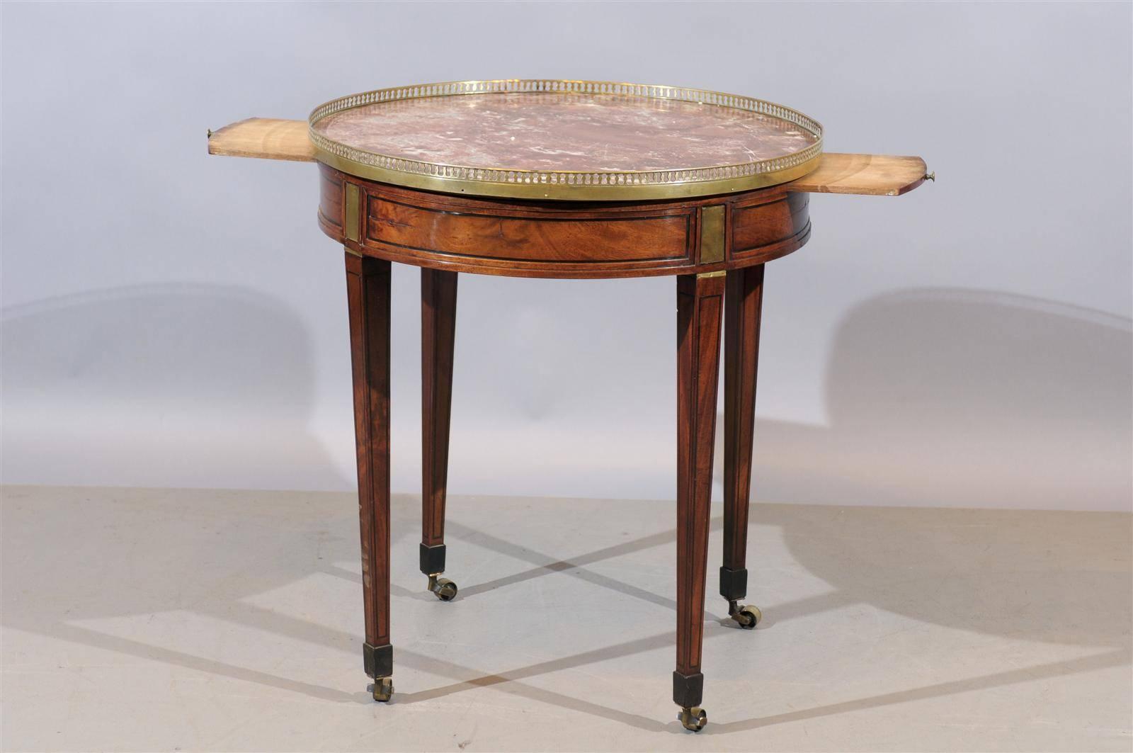 French Louis XVI Style Walnut Bouillotte Table with Marble and Brass Gallery