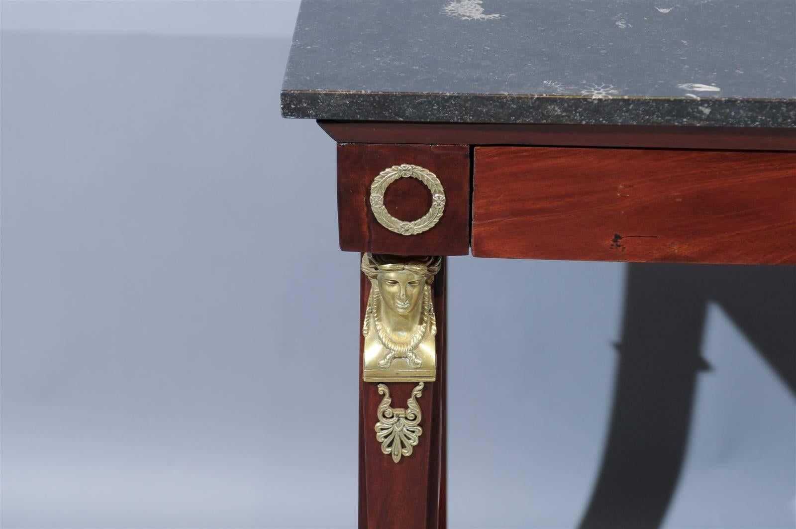 Pair of 19th Century French Empire Mahogany Consoles with Grey Marble Tips 3