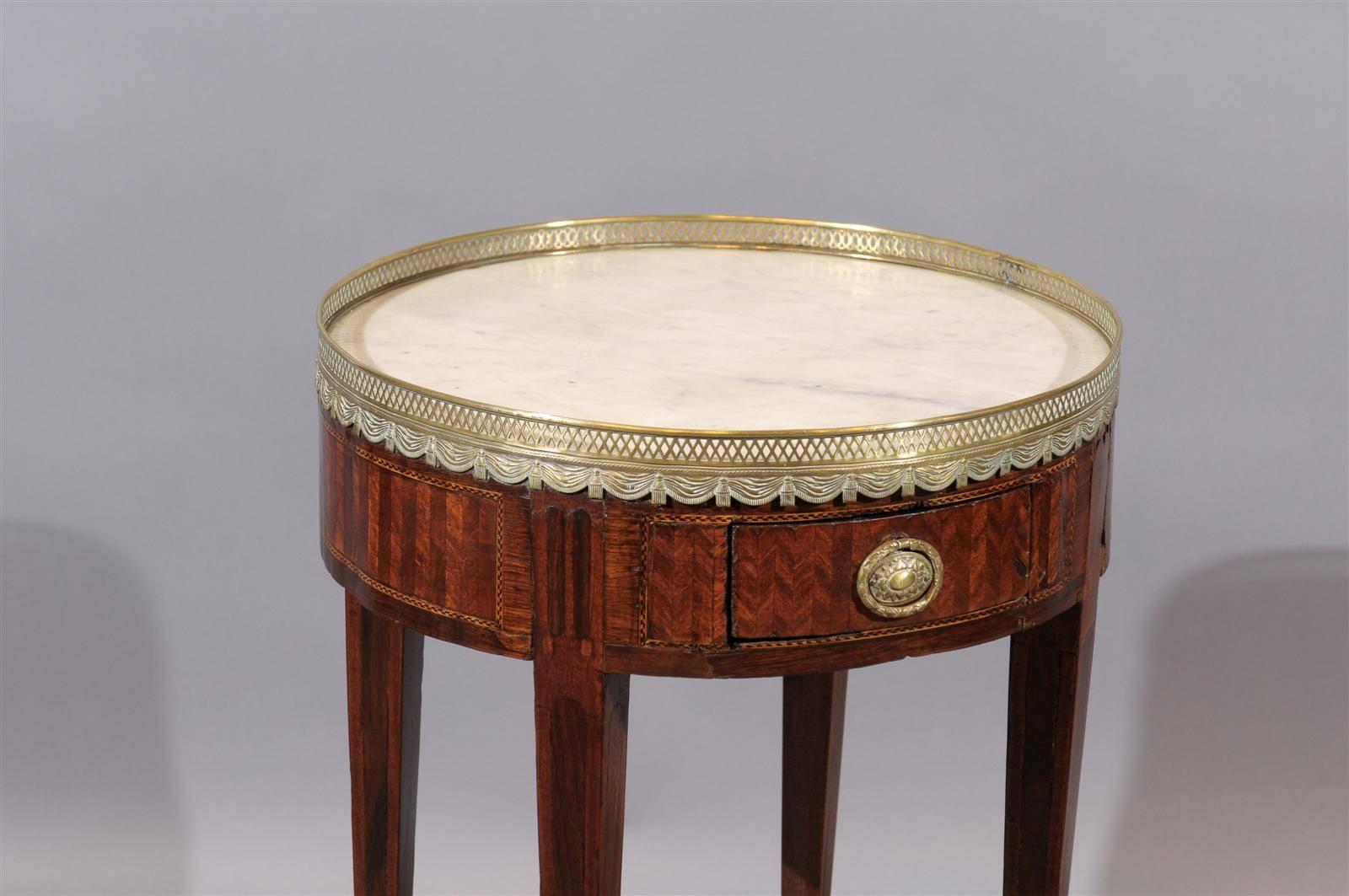 19th Century French Louis XVI Style Tulipwood Inlaid Marble Top Bouillotte Table In Excellent Condition In Atlanta, GA