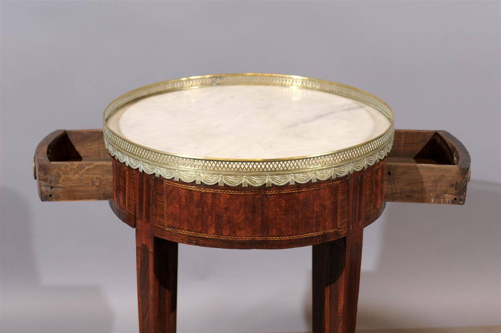 19th Century French Louis XVI Style Tulipwood Inlaid Marble Top Bouillotte Table 3