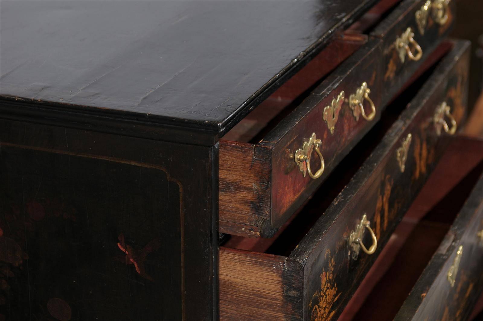 18th Century and Earlier 18th Century English Chinoiserie Lacquered Chest with Bun Feet and Five Drawers