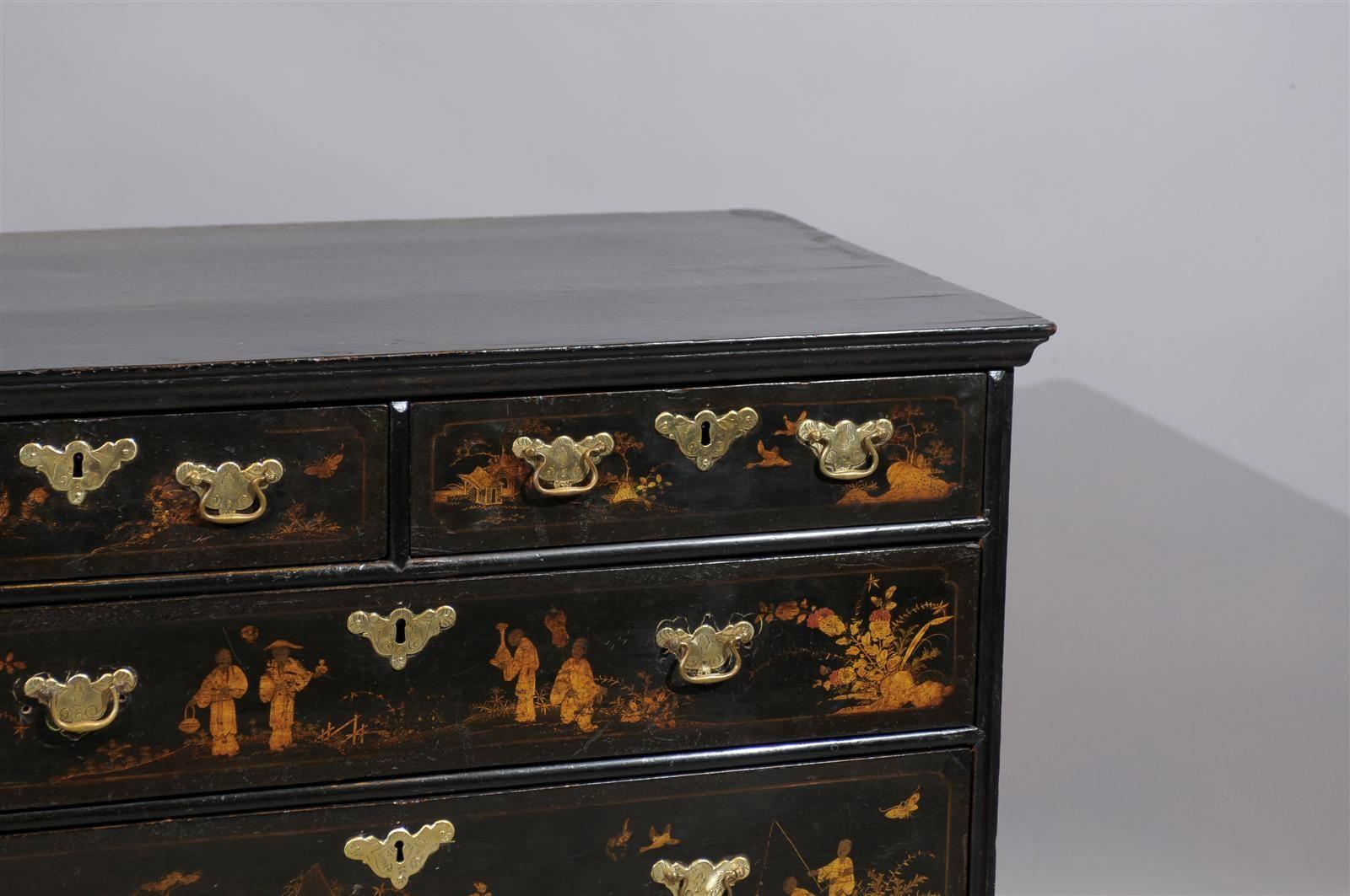18th Century English Chinoiserie Lacquered Chest with Bun Feet and Five Drawers 3