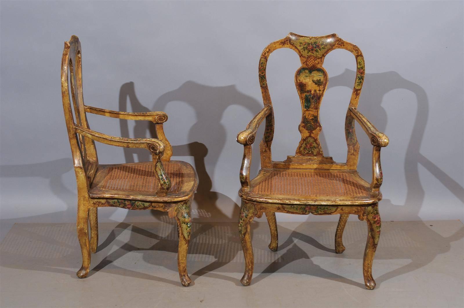 18th Century and Earlier Pair of 18th Century Venetian Painted Fauteuils