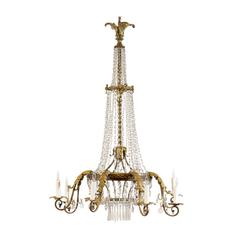 Italian Bronze and Crystal Basket Chandelier with Eight Arms and Acanthus Leaves