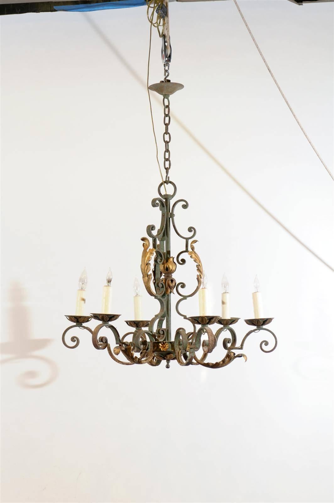 French Painted Iron Gilt 6-Light Chandelier, 20th Century In Good Condition In Atlanta, GA