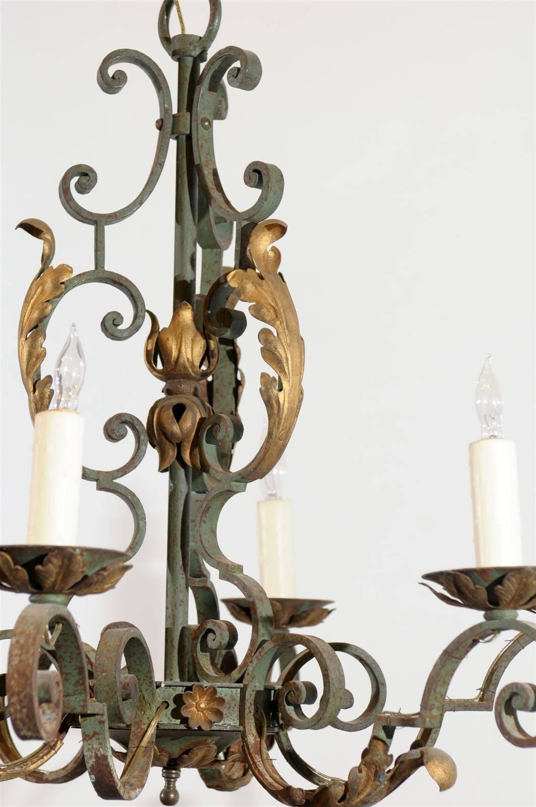French Painted Iron Gilt 6-Light Chandelier, 20th Century 1