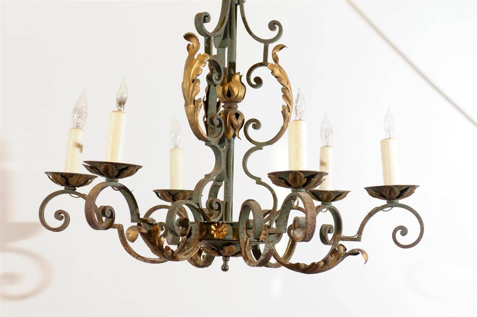 French Painted Iron Gilt 6-Light Chandelier, 20th Century 3