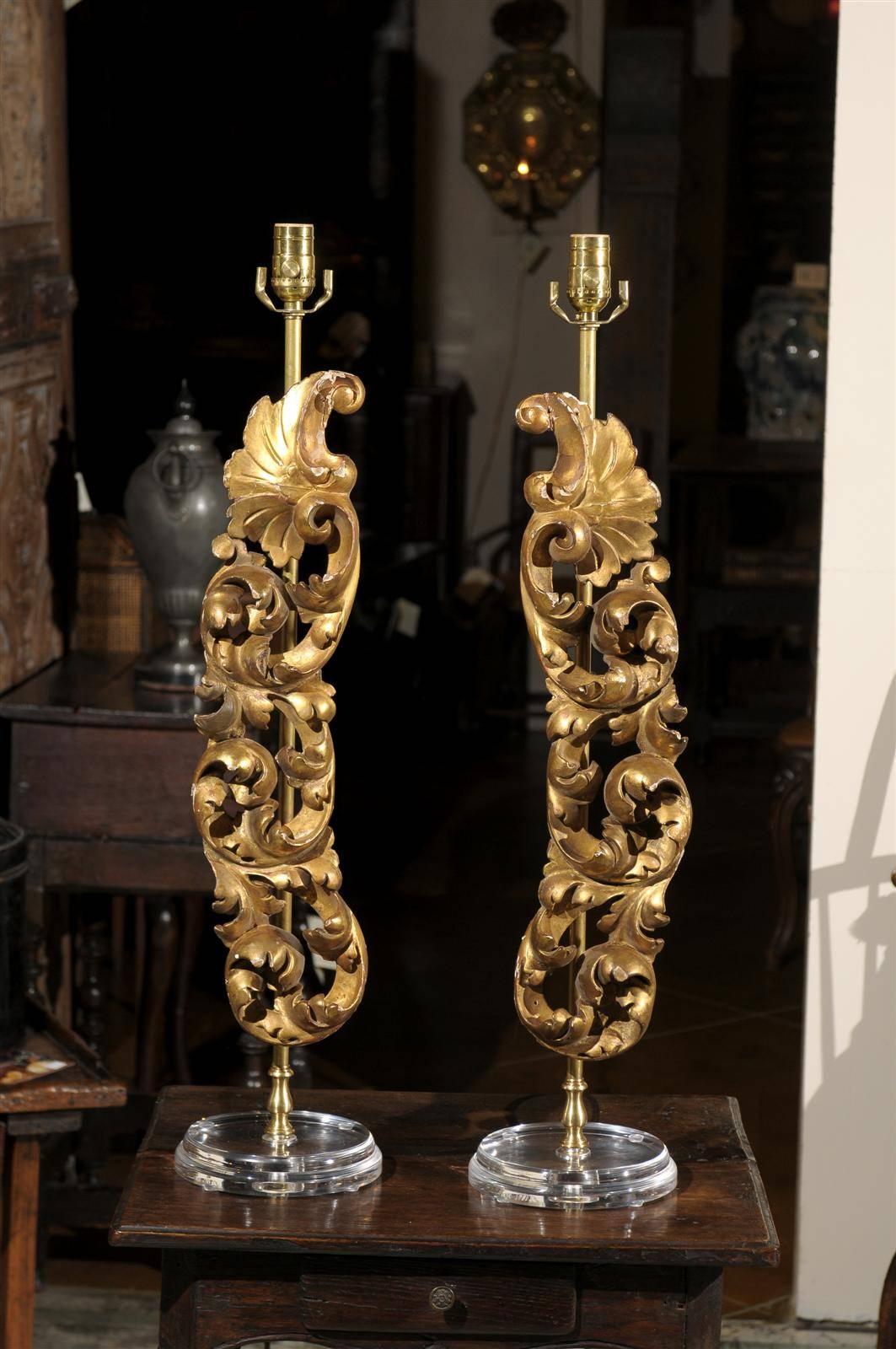 A pair of 19th century giltwood architectural carvings mounted and wired as lamps with shades. Shades are not photographed.

William Word fine antiques: Atlanta's source for antique interiors since 1956.

