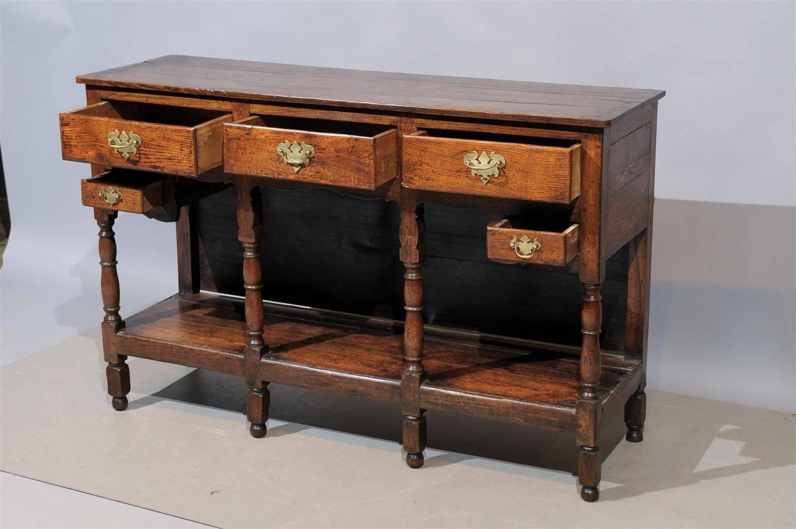 18th Century English Jacobean Style Oak Dresser Base with Lower Shelf & Drawers 3
