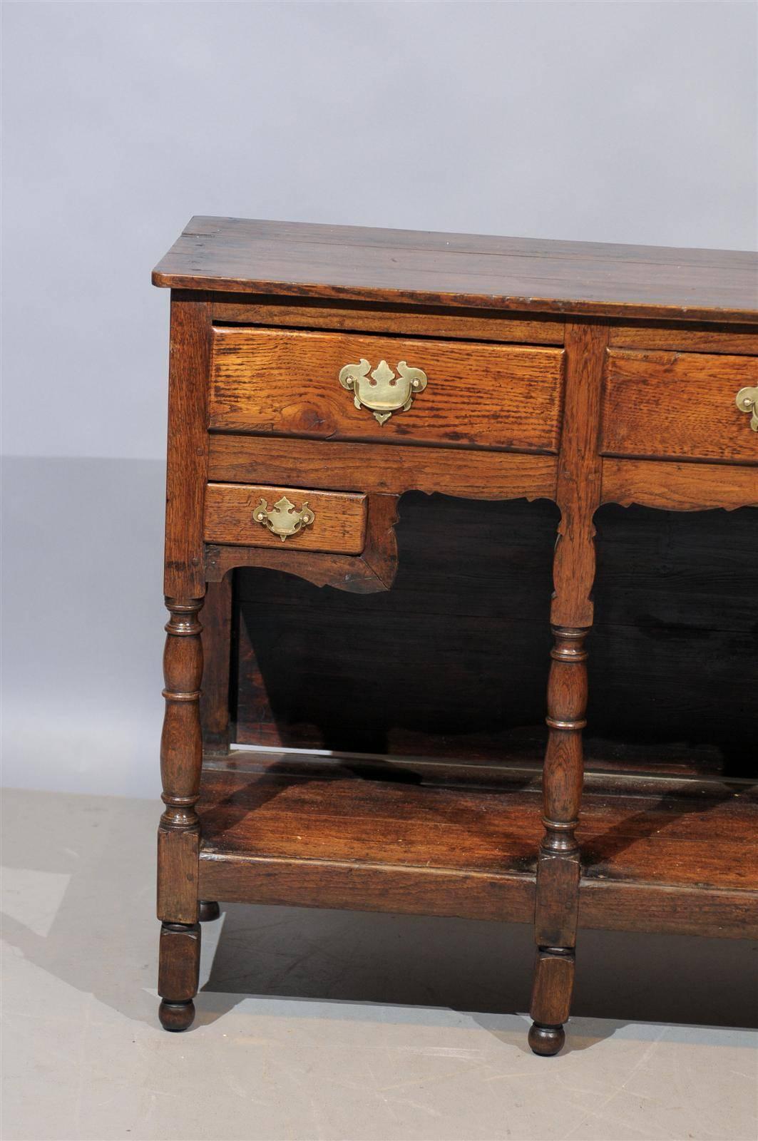 18th Century English Jacobean Style Oak Dresser Base with Lower Shelf & Drawers In Excellent Condition In Atlanta, GA