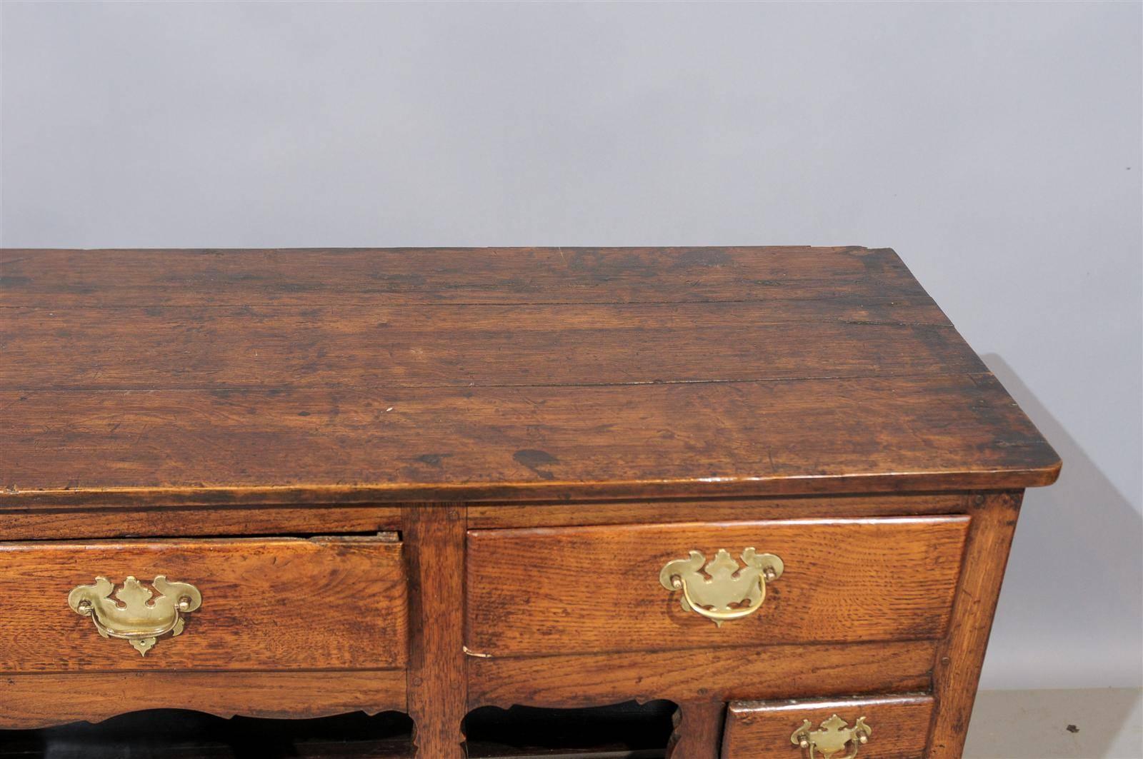 18th Century English Jacobean Style Oak Dresser Base with Lower Shelf & Drawers 1