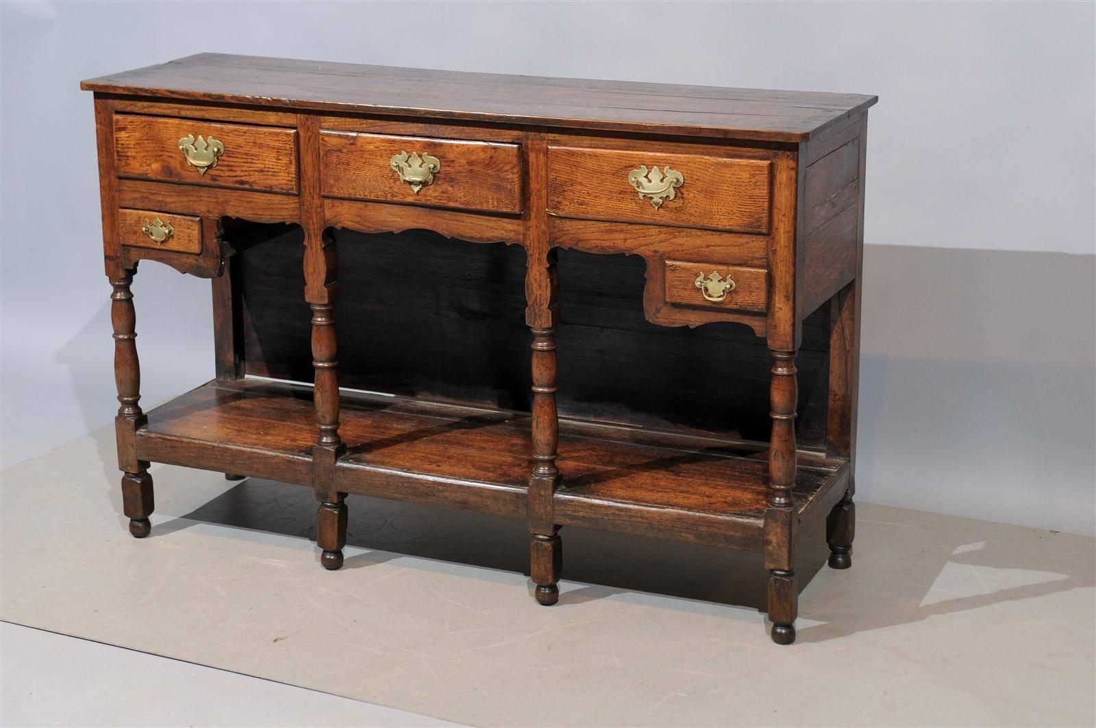 18th Century English Jacobean Style Oak Dresser Base with Lower Shelf & Drawers 2