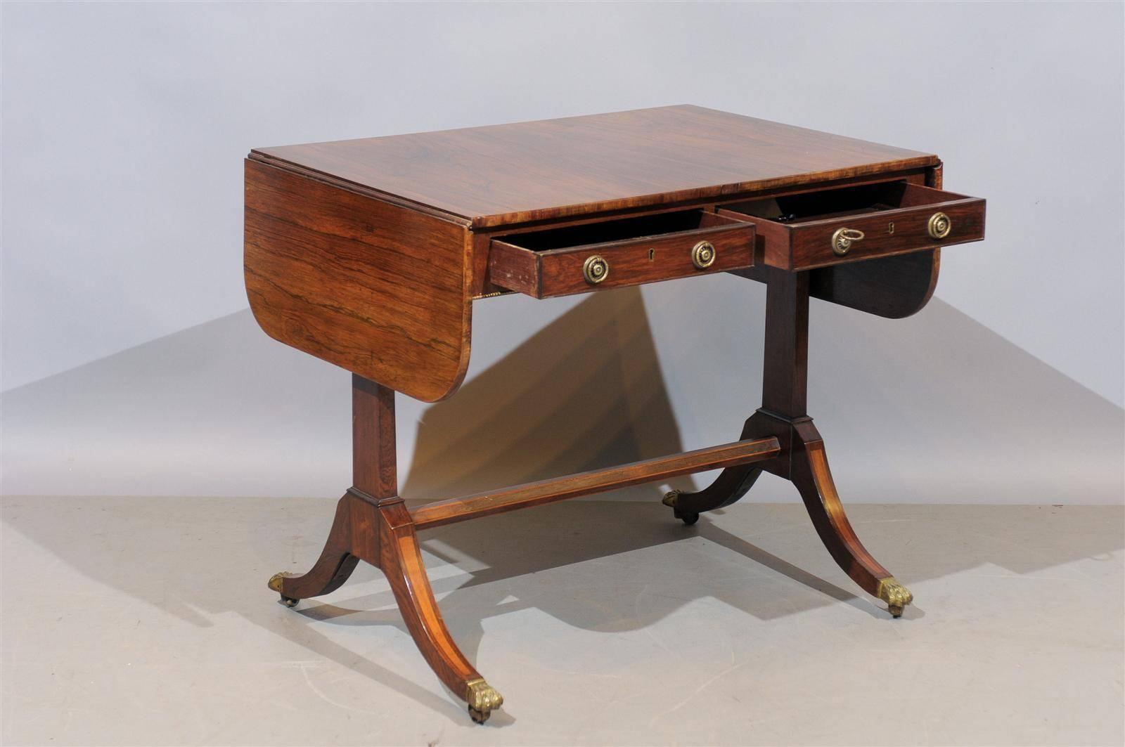 English 19th Century Regency Style Rosewood Drop Leaf Sofa Table with Gilt Accent