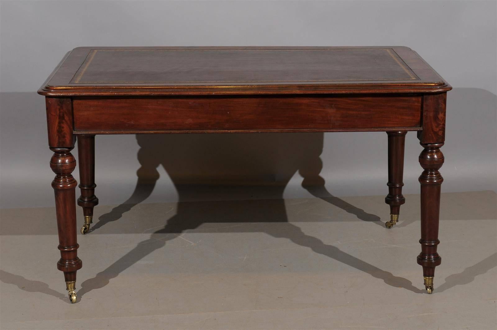 19th Century English Writing Table with Brown Leather Top and Turned Legs 1