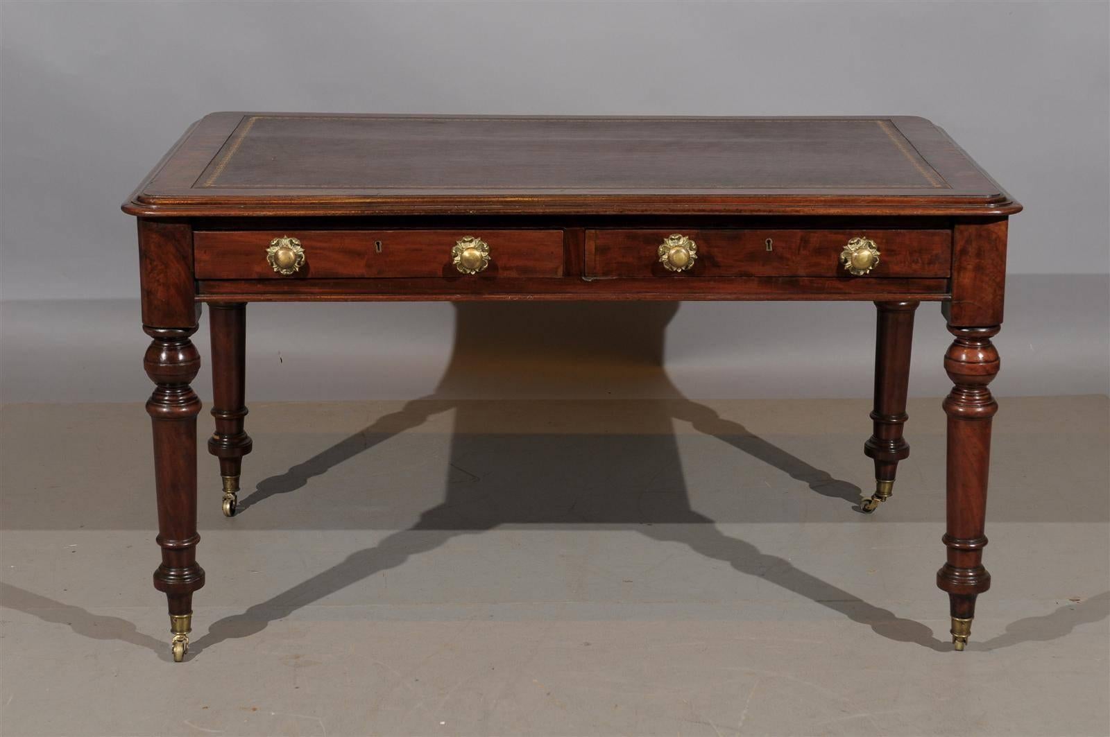 19th Century English Writing Table with Brown Leather Top and Turned Legs In Excellent Condition In Atlanta, GA