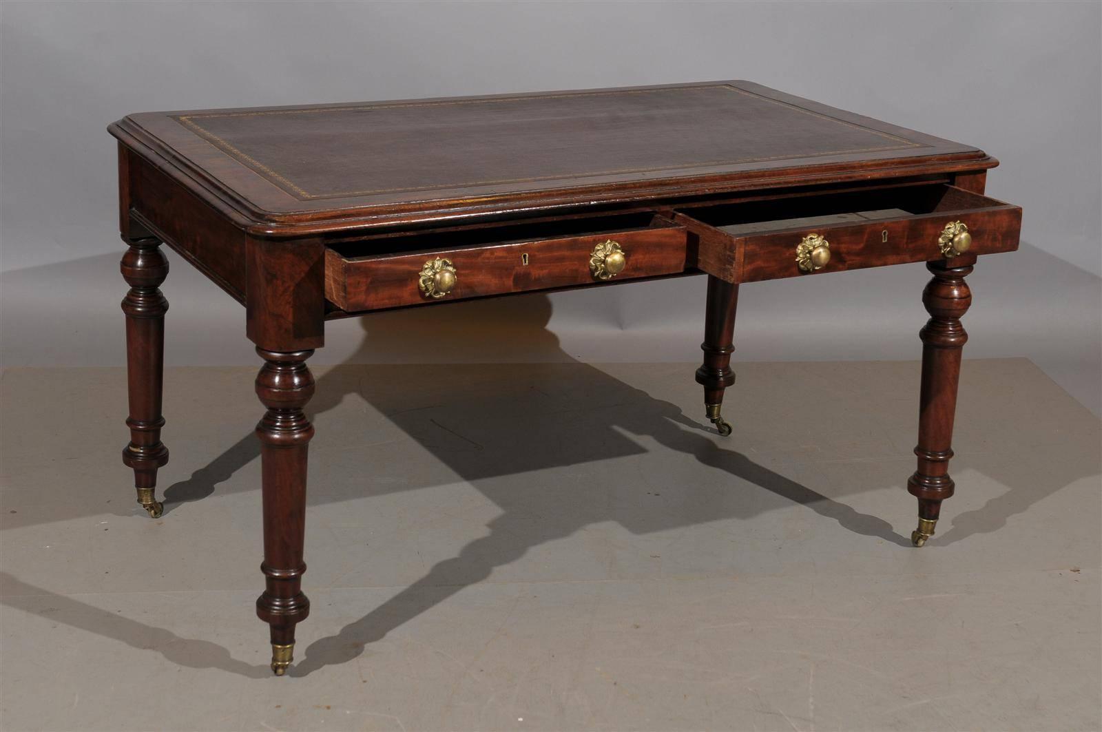 19th Century English Writing Table with Brown Leather Top and Turned Legs 2