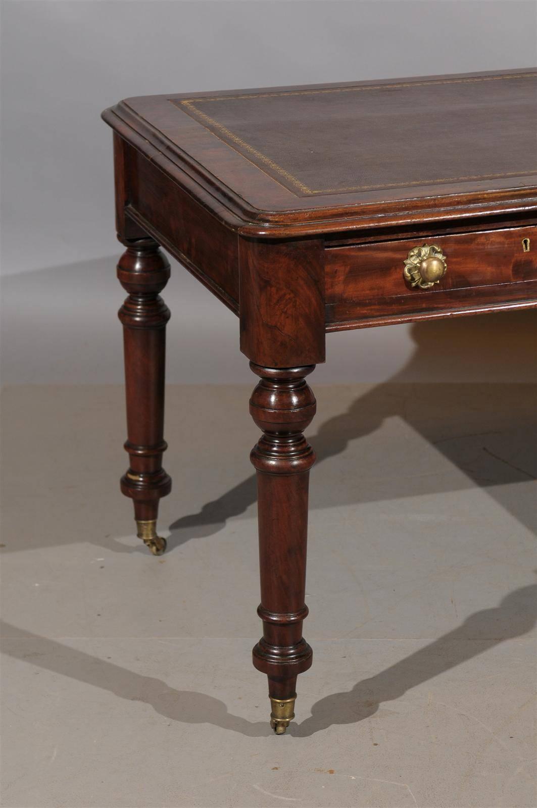 19th Century English Writing Table with Brown Leather Top and Turned Legs 4