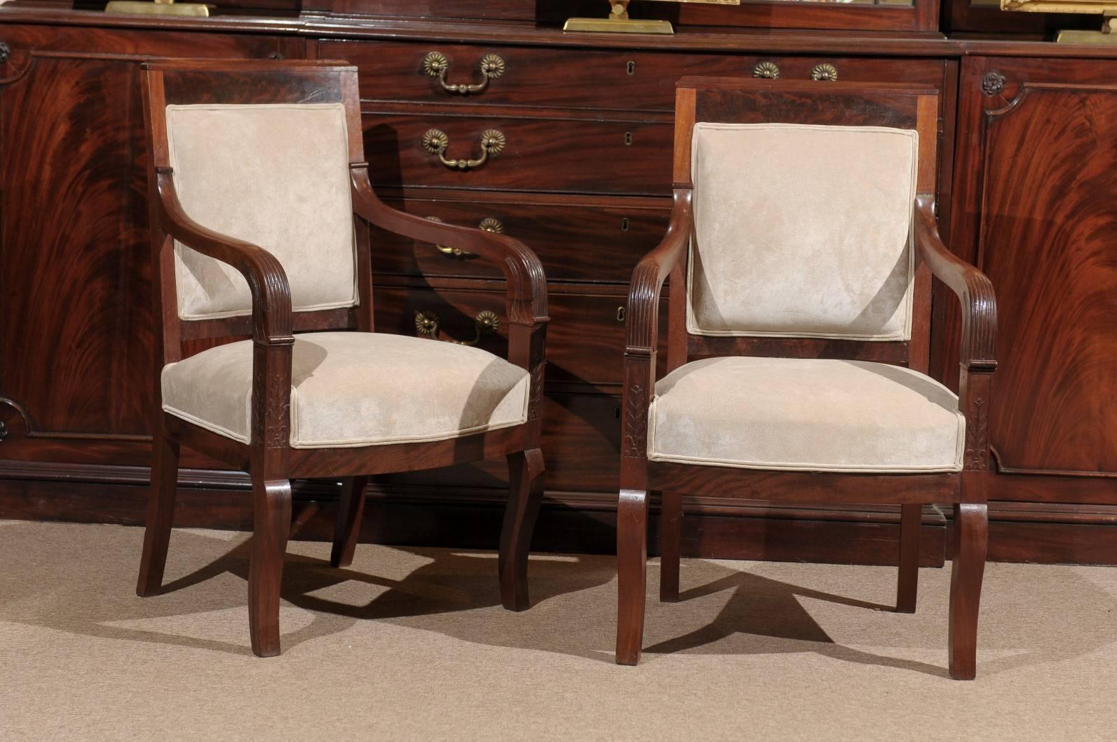 Pair of French Empire Mahogany fauteuils, 19th century, circa 1810. 3 pairs available.