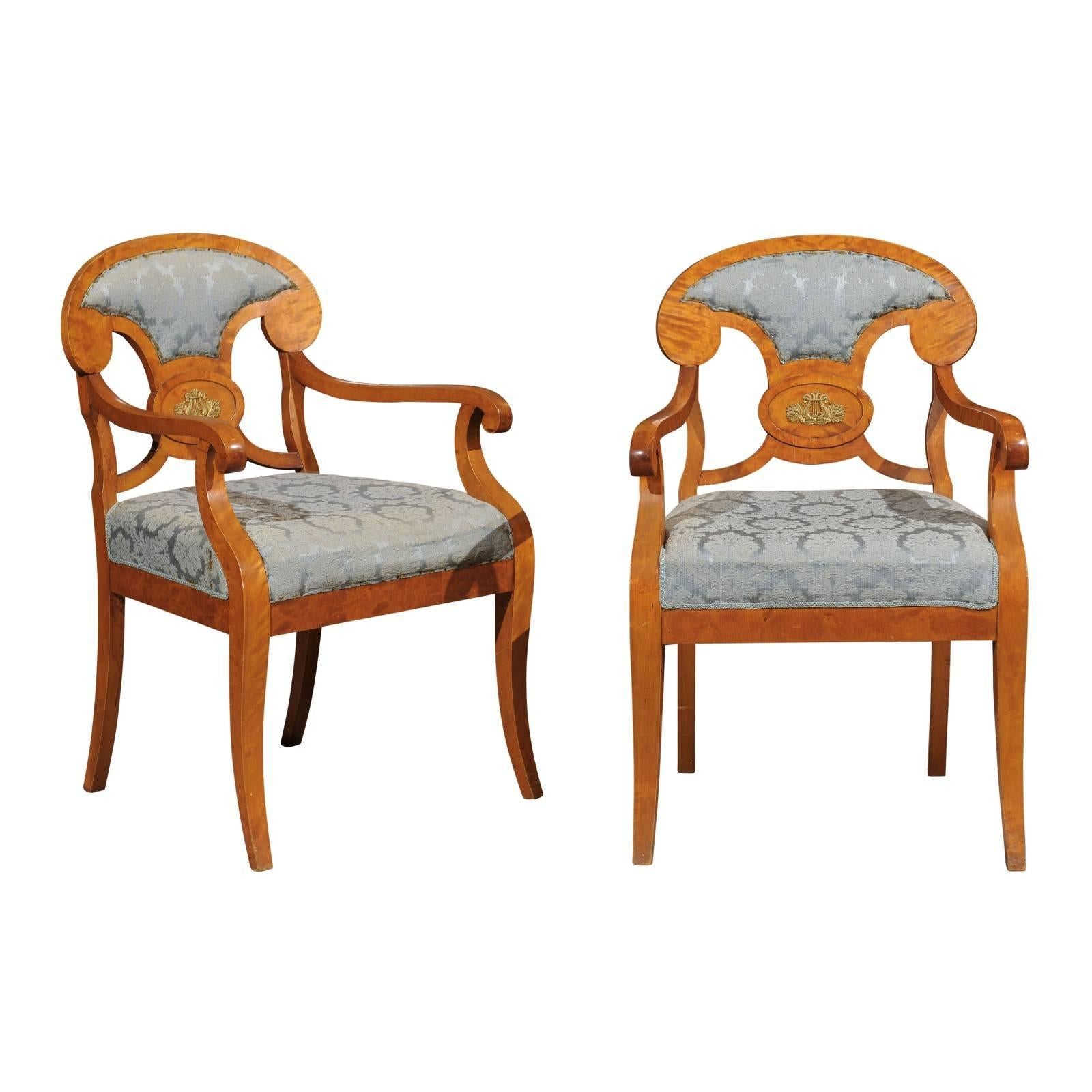 Pair of Biedermeier Style Armchairs in Maple, First Quarter of the 20th Century