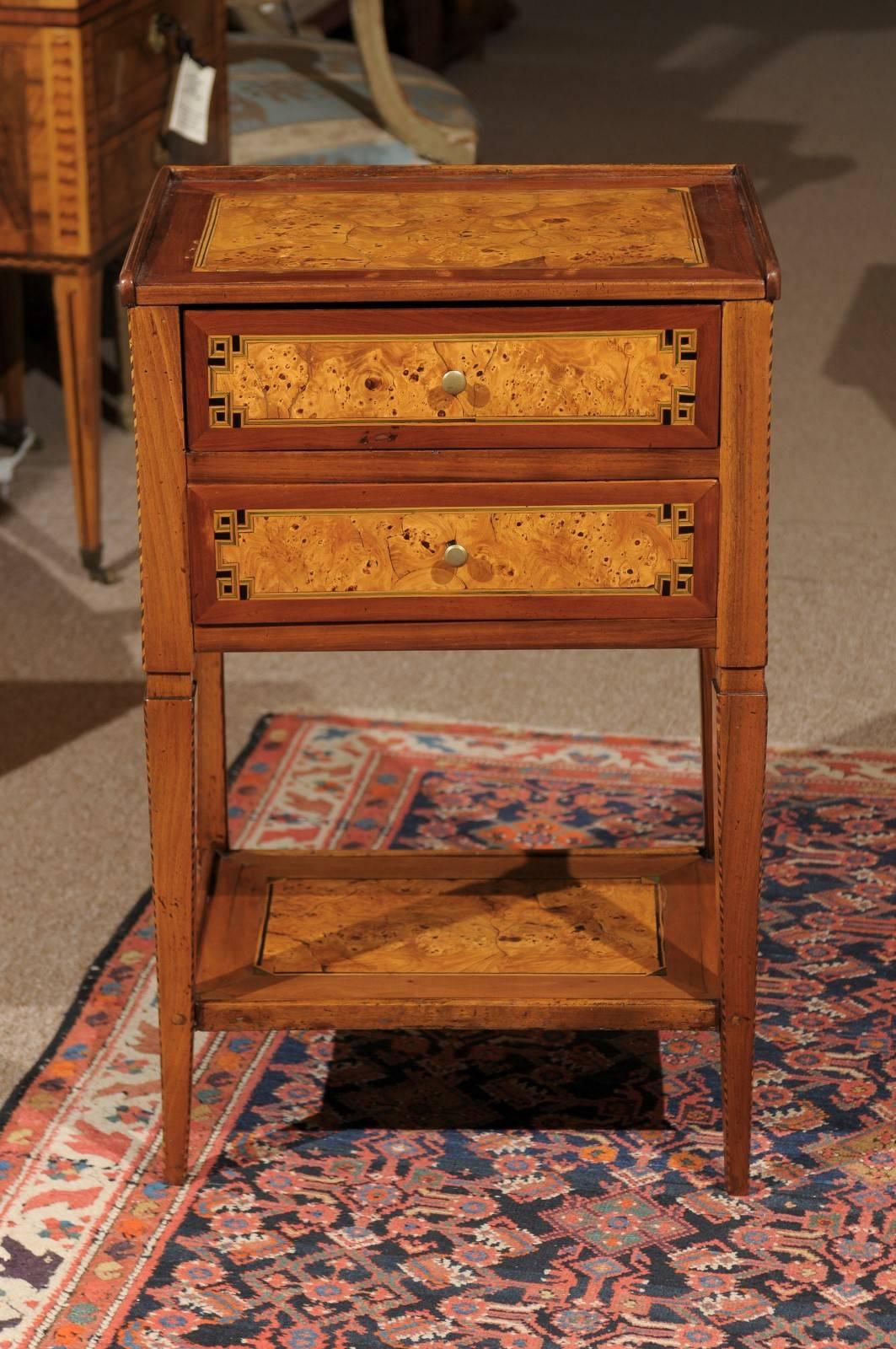 Late 18th Century French Two-Drawer Table in Burled Yew, Walnut and Fruitwood 2