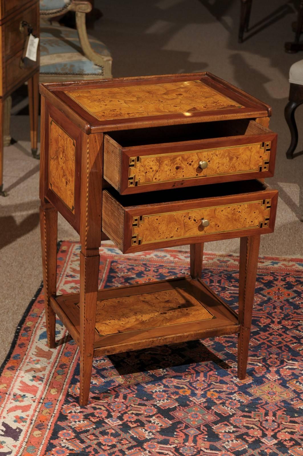 Late 18th Century French Two-Drawer Table in Burled Yew, Walnut and Fruitwood 4