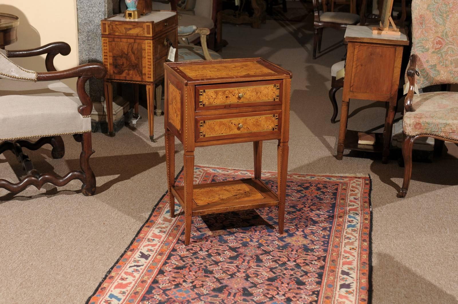 Late 18th Century French Two-Drawer Table in Burled Yew, Walnut and Fruitwood In Excellent Condition In Atlanta, GA