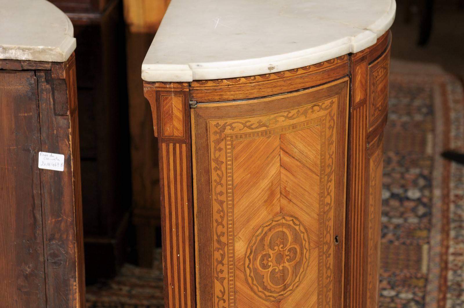 Pair of Neoclassical Style Italian Inlaid Demilunes with Marble Tops, circa 1940 In Excellent Condition In Atlanta, GA