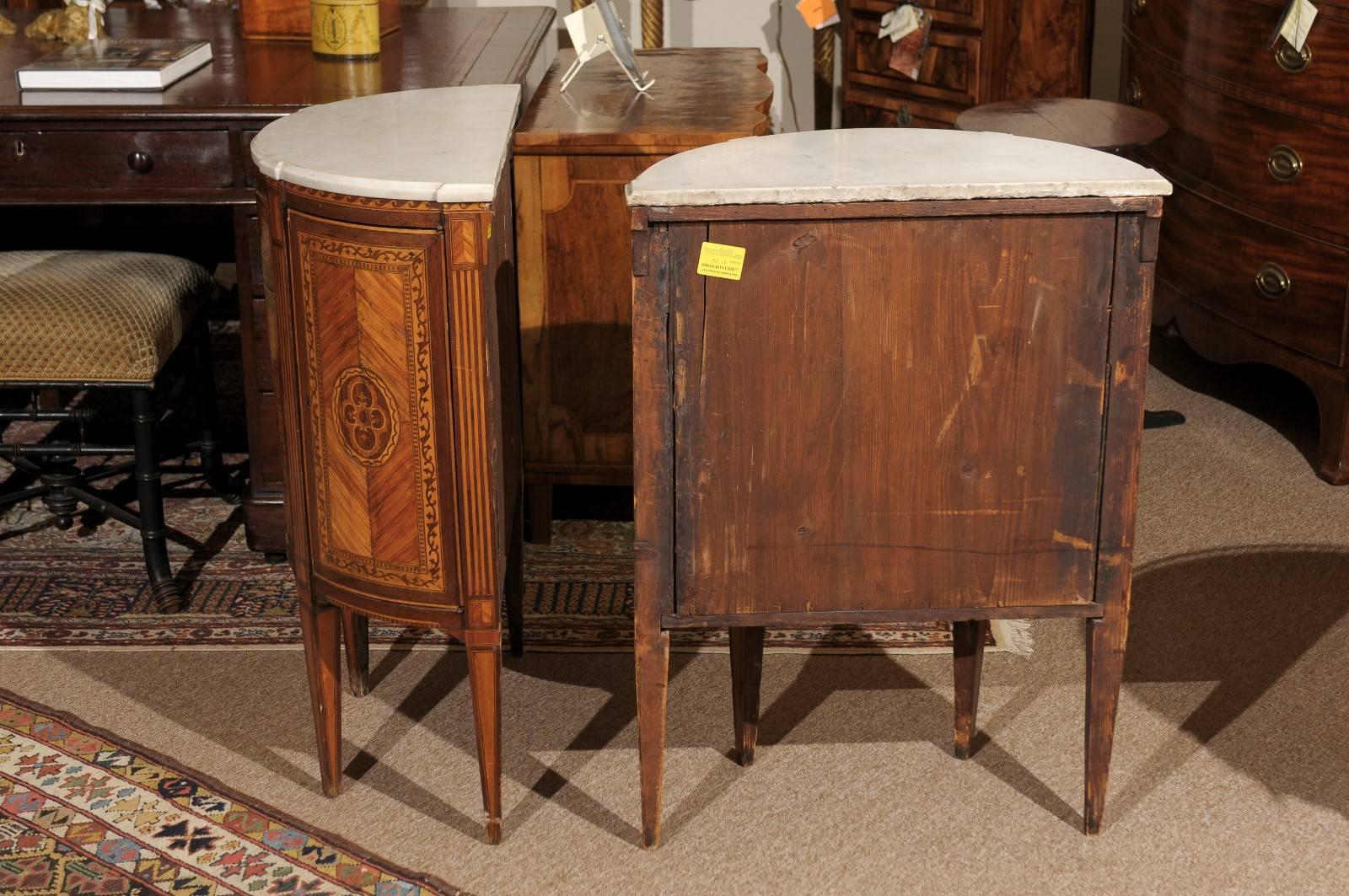Pair of Neoclassical Style Italian Inlaid Demilunes with Marble Tops, circa 1940 1