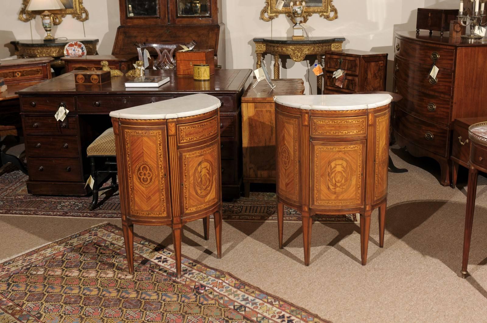 Inlay Pair of Neoclassical Style Italian Inlaid Demilunes with Marble Tops, circa 1940