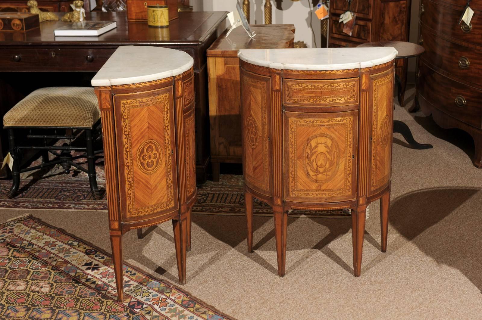 Pair of Neoclassical Style Italian Inlaid Demilunes with Marble Tops, circa 1940 2