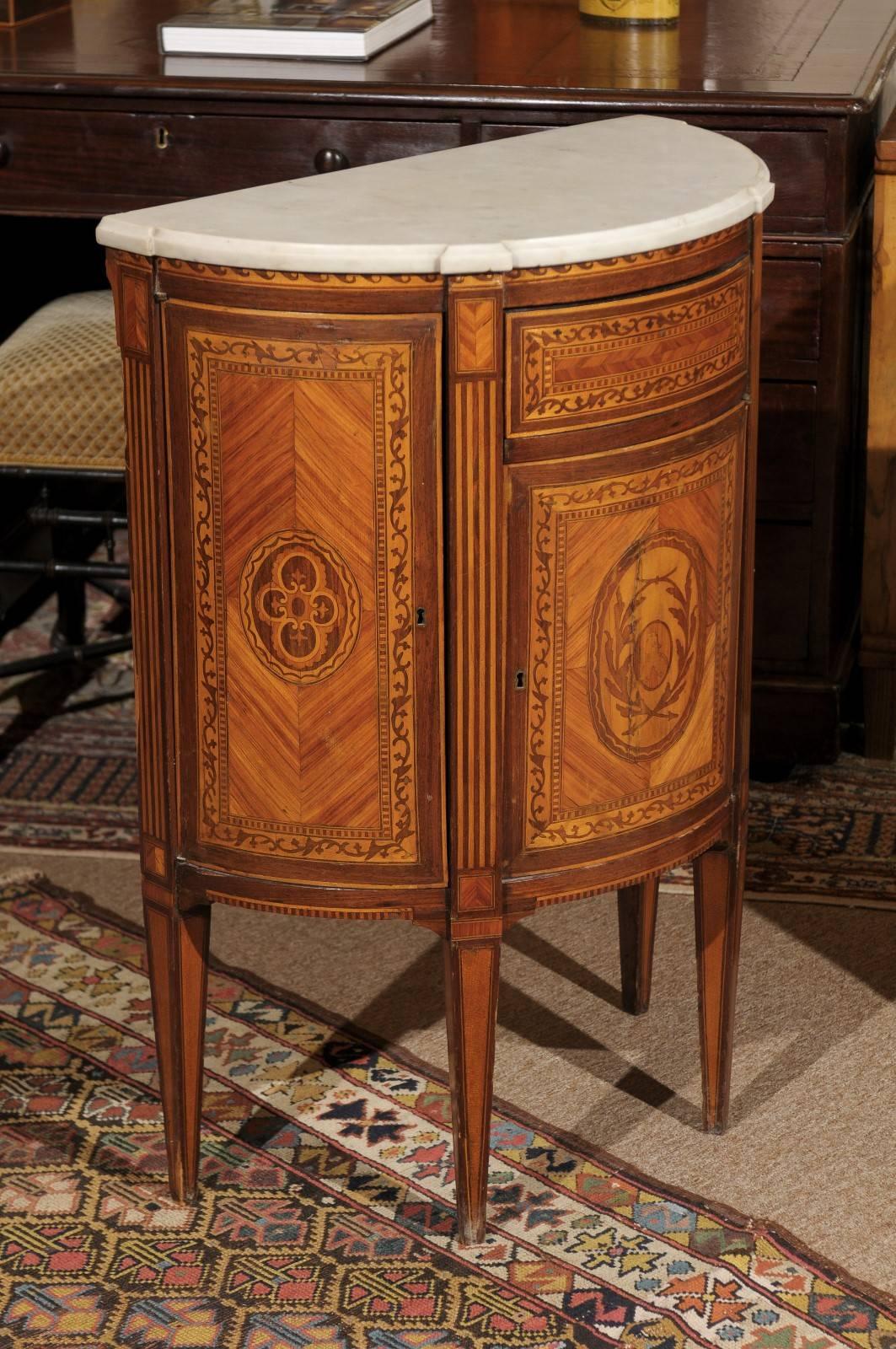 Pair of Neoclassical Style Italian Inlaid Demilunes with Marble Tops, circa 1940 3