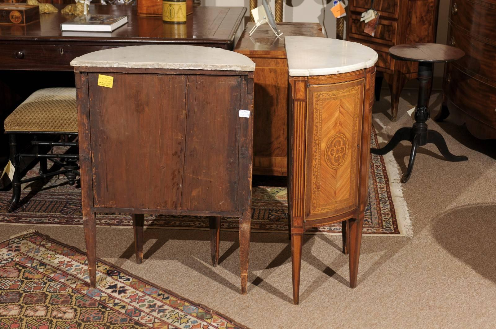 Pair of Neoclassical Style Italian Inlaid Demilunes with Marble Tops, circa 1940 4