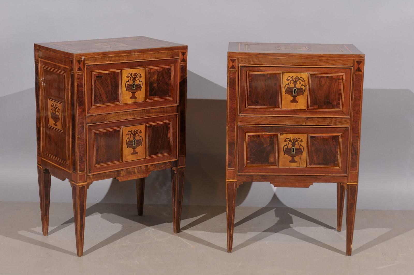 Pair of 19th century Italian neoclassical style commodinis with two drawers and marquetry inlay.