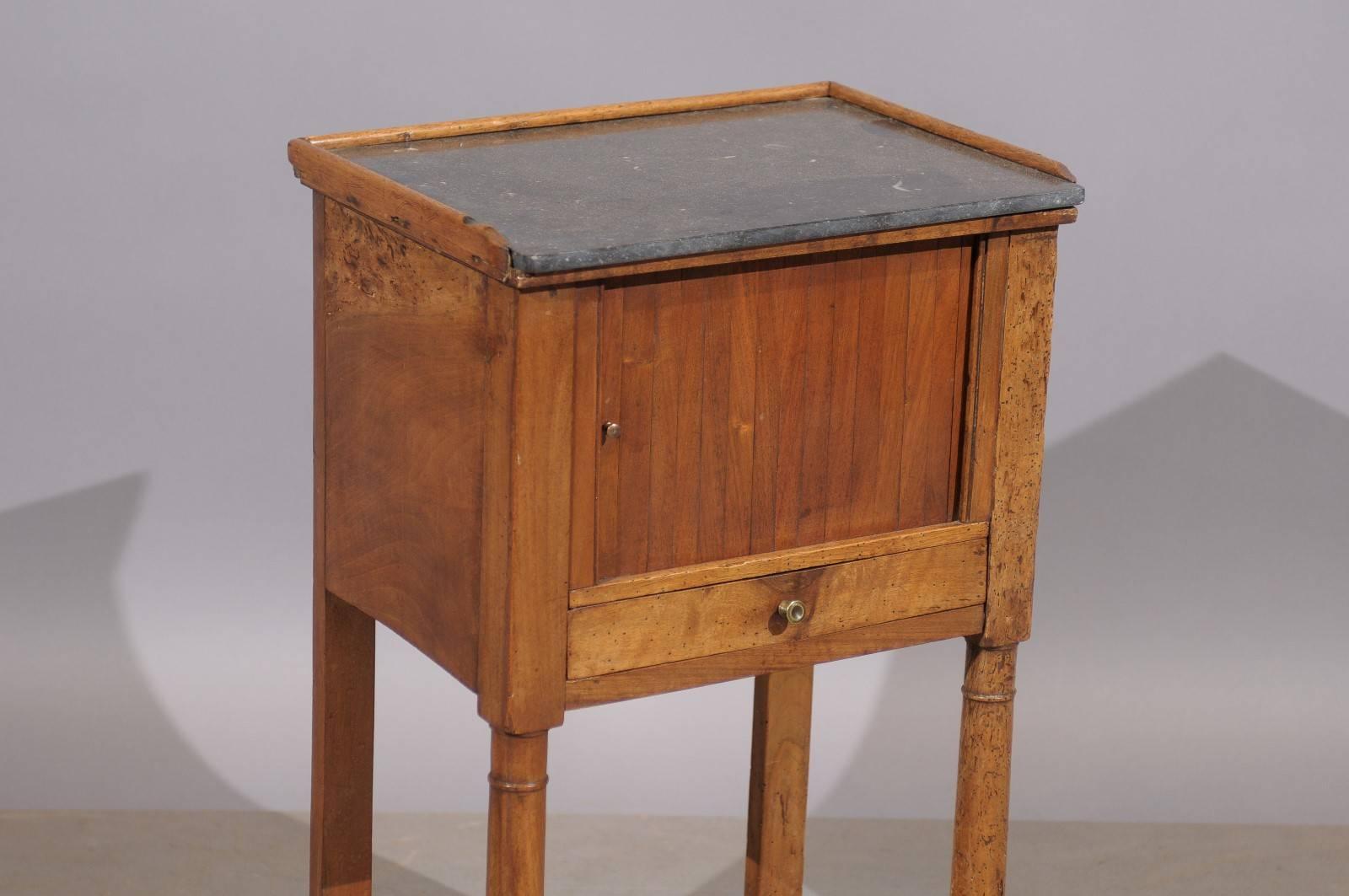 Directoire Walnut Chevet with Tambour Door and Gray Marble Top, 19th Century 5