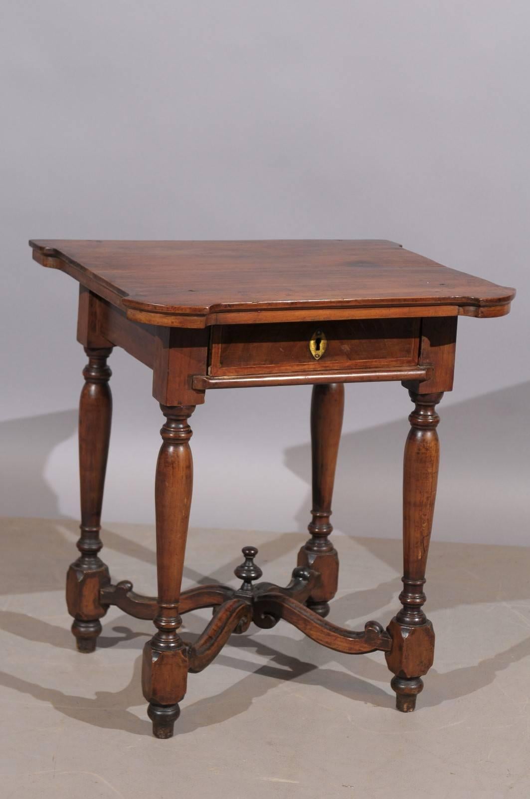 Petite 18th century Louis XIV style walnut side table with X-stretcher and drawer.