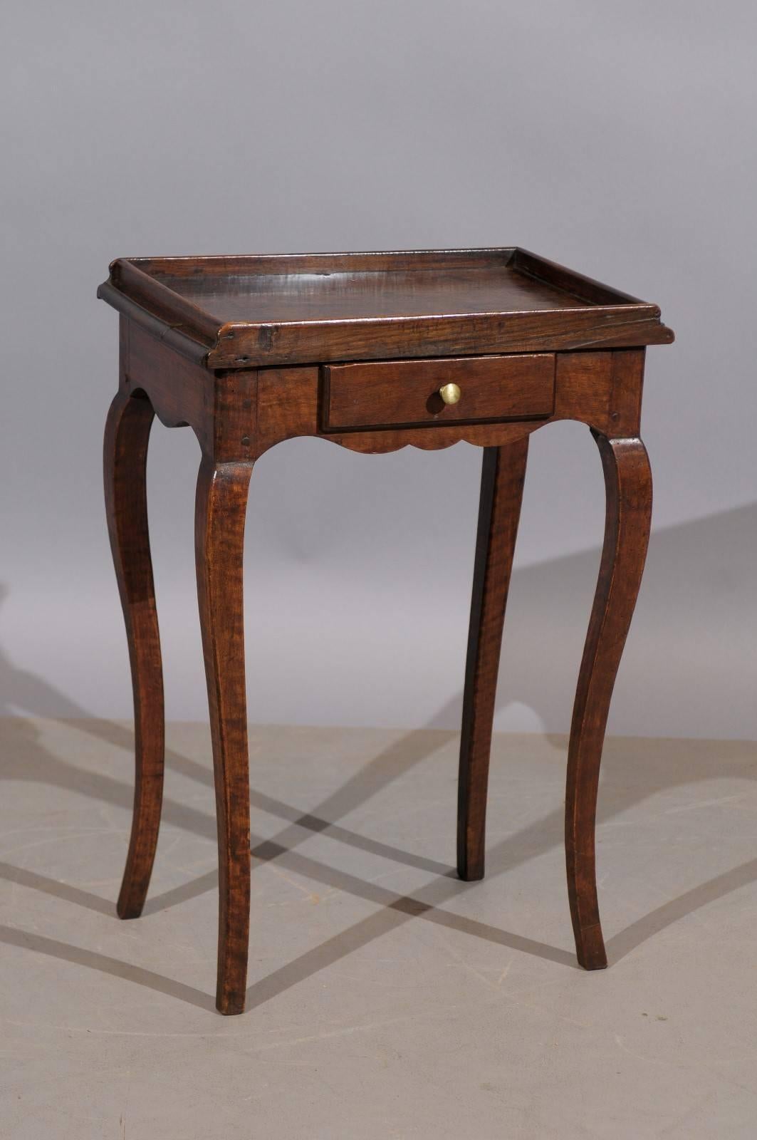 Small 18th century, French, Louis XV walnut table with tray top and drawer.