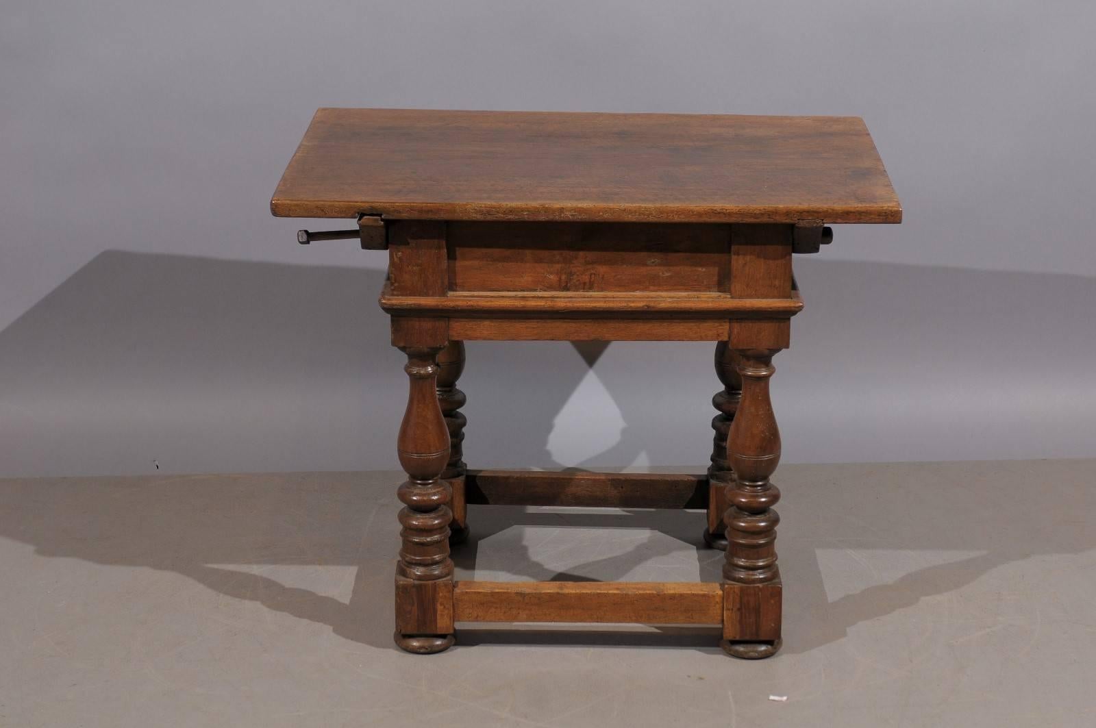 Walnut 18th Century Louis XIII Style Low Side Table with Drawer and Turned Legs