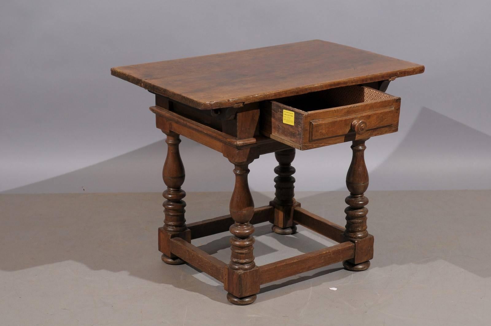 European 18th Century Louis XIII Style Low Side Table with Drawer and Turned Legs