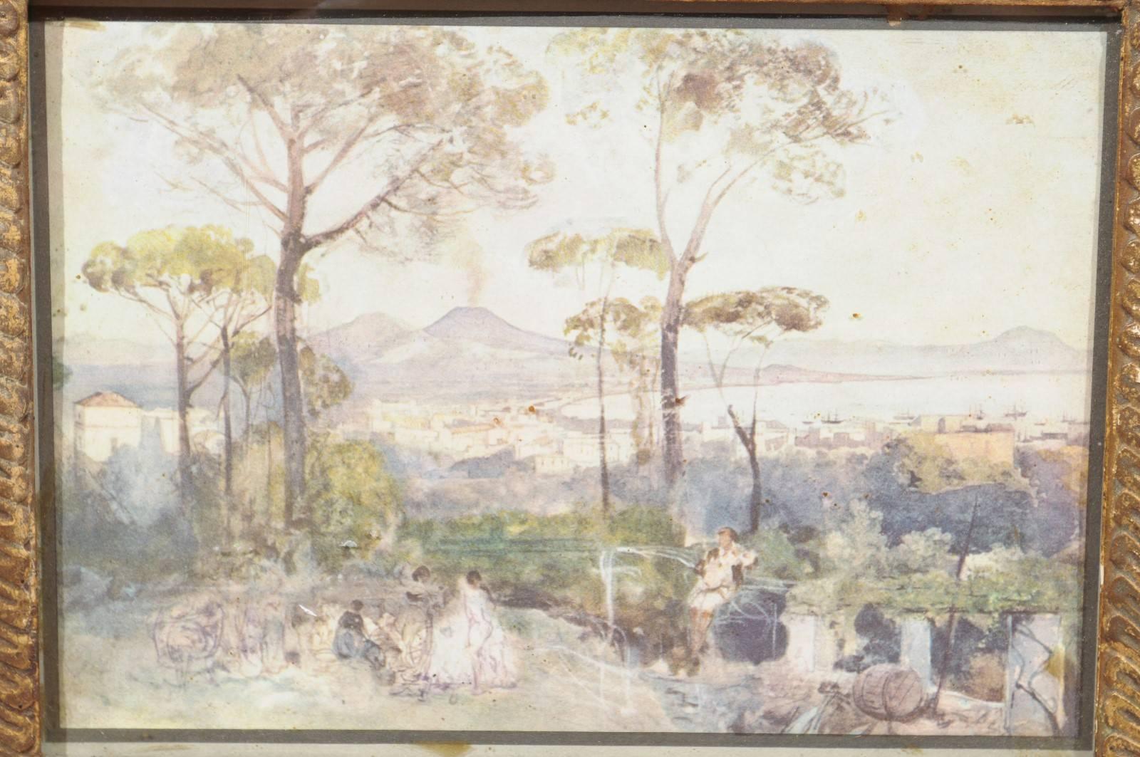 Glass 19th Century Italian Watercolor on Paper Landscape of Naples in Giltwood Frame For Sale